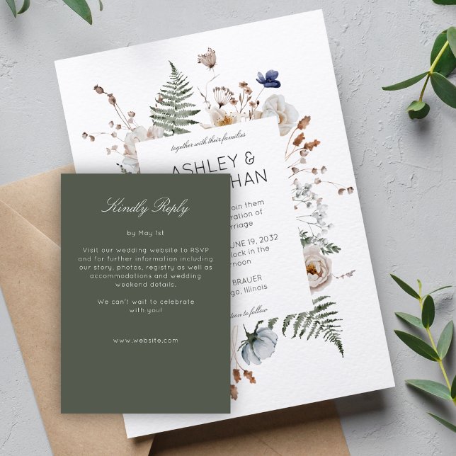 Cartão RSVP Elegante Casamento Rústico Moderno com Flores Silv (Criador carregado)