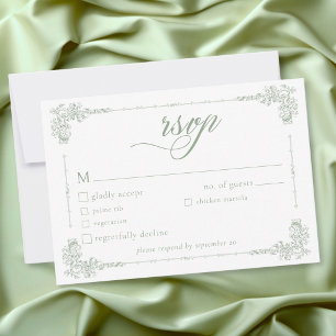 Cartão RSVP Elegante Casamento Verde Sage Barroco Vintage