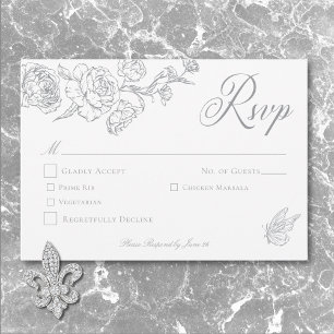 Cartão RSVP Elegante Cinza Casamento com Pássaro e Brasão em C