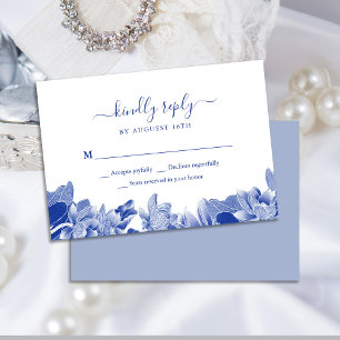 Cartão RSVP Elegante Clássico Azul Branco Chinoiserie Chic Flo