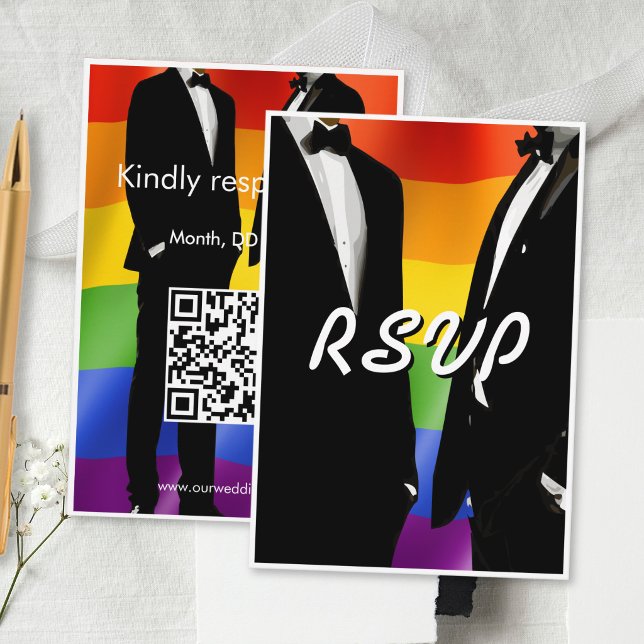 Cartão RSVP Elegante Código QR Arco-íris de Casamento de Homen (Criador carregado)
