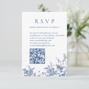 Cartão RSVP Elegante código QR de casamento floral azul vitori