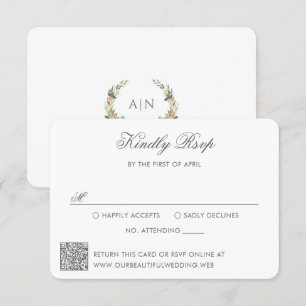 Cartão RSVP Elegante Código QR Floral Crest Casamento em Aquar