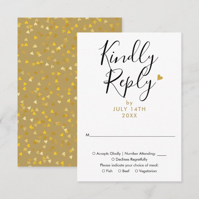 Cartão RSVP Elegante Coração de Ouro Casamento Script Chic (Frente/Verso)