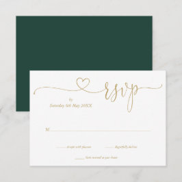Cartão RSVP Elegante Coração em Script de Esmeralda e Ouro