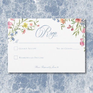 Cartão RSVP Elegante Crista de Flor Silvestre Pastel Azul Empo