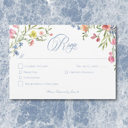 Cartão RSVP Elegante Crista de Flor Silvestre Pastel Azul Poei