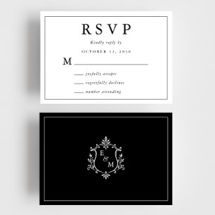 Cartão RSVP Elegante Crista de Monograma Casamento Preto e Bra