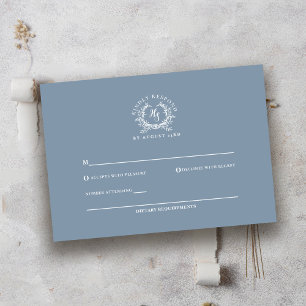 Cartão RSVP Elegante Crista de Monograma de Casamento em Azul 