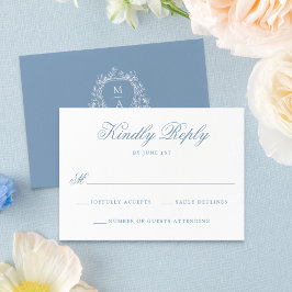 Cartão RSVP Elegante Crista Floral Azul Monograma Casamento