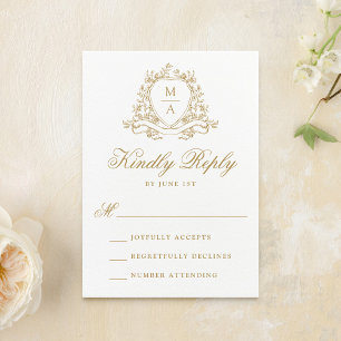 Cartão RSVP Elegante Crista Floral Monograma Dourado Casamento