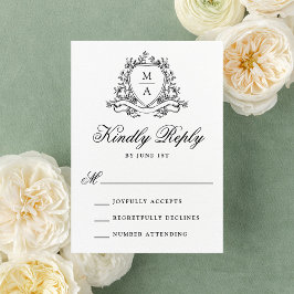 Cartão RSVP Elegante Crista Floral Preta Monograma Casamento