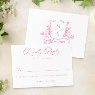 Cartão RSVP Elegante Crista Floral Rosa Monograma Casamento