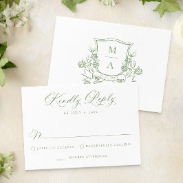 Cartão RSVP Elegante Crista Floral Verde Monograma Casamento