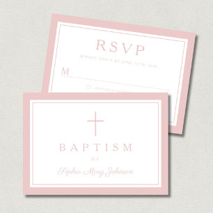 Cartão RSVP Elegante Cruz Religiosa Rosa Menina Batismo