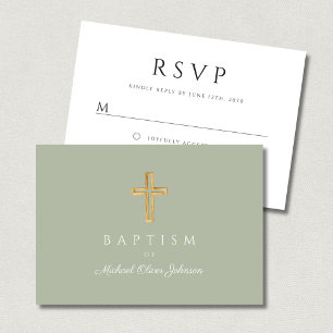 Cartão RSVP Elegante Cruz Religiosa Verde Sálvia Batismo