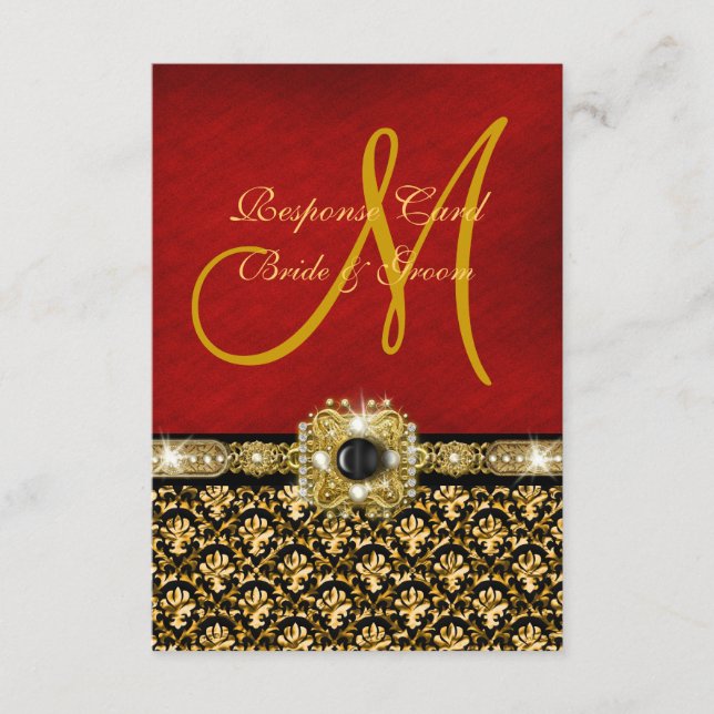 Cartão RSVP Elegante damasco preto vermelho dourado (Frente)