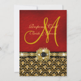 Cartão RSVP Elegante damasco preto vermelho dourado