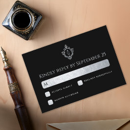 Cartão RSVP Elegante de Casamento de Prata de Faux Preto Crest