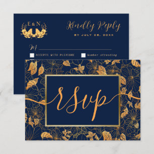 Cartão RSVP Elegante Deslumbrante Folhas Douradas Azul Marinho