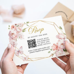 Cartão RSVP Elegante Dourado Rosa Floral Mis Quince Años QR