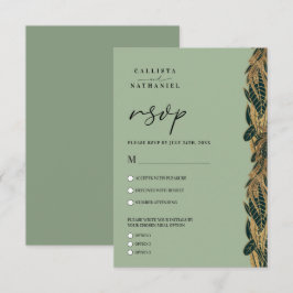Cartão RSVP Elegante Dourado Sage Green Greenery deixa casamen
