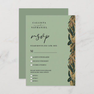 Cartão RSVP Elegante Dourado Sage Green Greenery deixa casamen