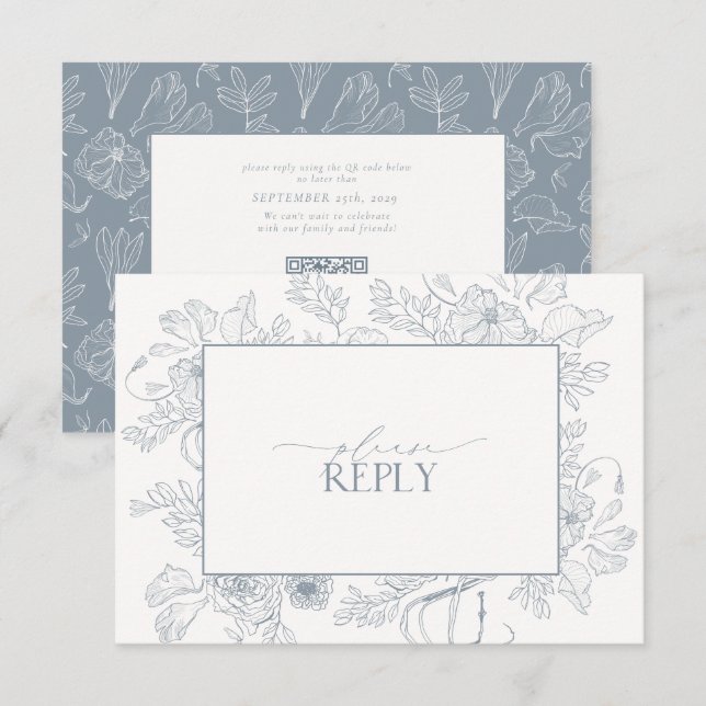 Cartão RSVP Elegante Dusty Blue Floral Line Art Casamento QR C (Frente/Verso)