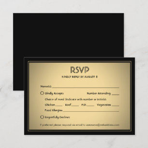 Cartão RSVP Elegante e Sofisticado Preto e Dourado com Opções