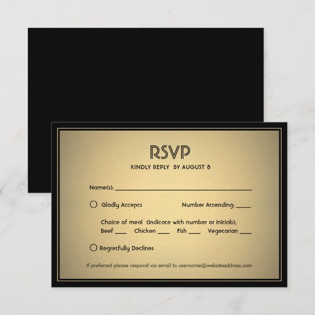 Cartão RSVP Elegante e Sofisticado Preto e Dourado com Opções  (Frente/Verso)