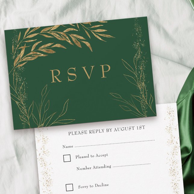 Cartão RSVP Elegante Emerald Green e Folha Dourada (Emerald Green RSVP with editable response date from my Gold Leaf Collection)