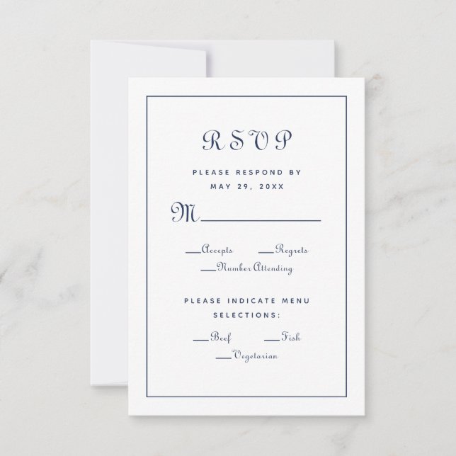 Cartão RSVP Elegante Envelope de Casamento Azul e Branco com R (Frente)