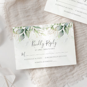 Cartão RSVP Elegante Eucalyptus Deixa Casamento Dourado Greene