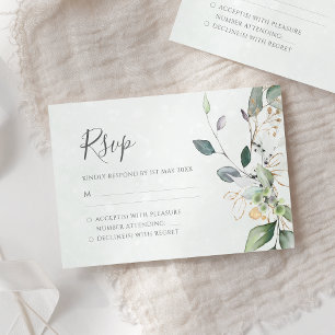 Cartão RSVP Elegante Eucalyptus Deixa Casamento Dourado Greene
