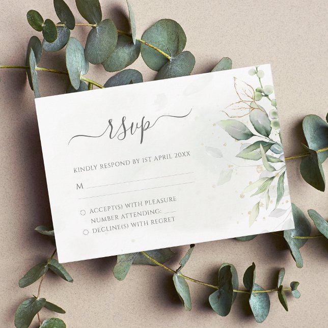 Cartão RSVP Elegante Eucalyptus Deixa Casamento Dourado Verde (Criador carregado)