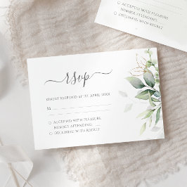 Cartão RSVP Elegante Eucalyptus Deixa Casamento Dourado Verde