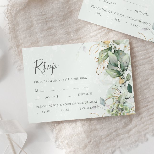 Cartão RSVP Elegante Eucalyptus Deixa Casamento Dourado Verde (Criador carregado)