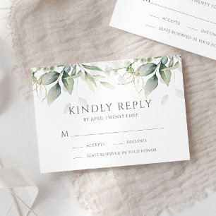 Cartão RSVP Elegante Eucalyptus Deixa Casamento Dourado Verde