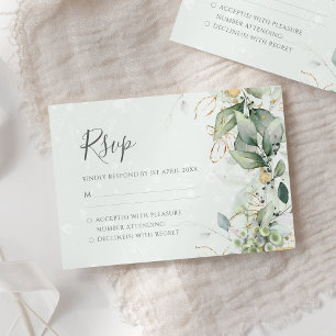 Cartão RSVP Elegante Eucalyptus Deixa Casamento Dourado Verde