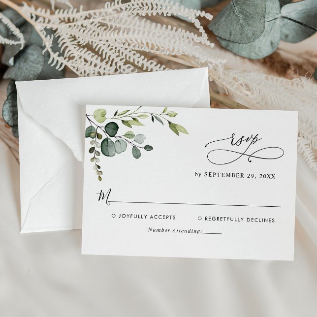 Cartão RSVP Elegante Eucalyptus Deixa Casamento Verde (Criador carregado)
