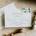 Cartão RSVP Elegante Eucalyptus Greenery Opções de Refeições<br><div class="desc">Projetado para coordenar com a nossa coleção de casamento Moody Greenery, esta placa RSVP personalizável com opções de refeição, apresenta uma ramificação de verde-aquarela eucalipto emparelhada com uma letra de script de tendência em ouro e serif de classe em cinza. Para fazer alterações avançadas, vá para a opção "Clique para...</div>