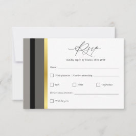 Cartão RSVP Elegante Faixa Preta Cinza Dourado Casamento