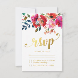 Cartão RSVP Elegante Floral Aquarela Dourado Branco Casamento 