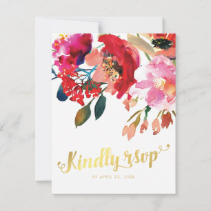 Cartão RSVP Elegante Floral Aquarela Folha Dourada Casamento R