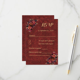 Cartão RSVP Elegante Floral Burgundy & Dourado