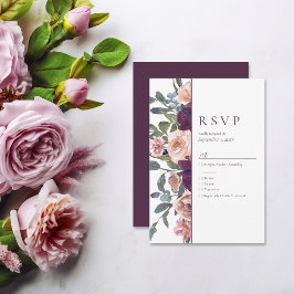 Cartão RSVP Elegante Floral | Casamento rosa púrpura