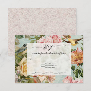 Cartão RSVP Elegante Floral Francês Rosa Água Rosas Pássaros R
