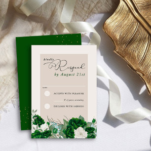 Cartão RSVP Elegante Floral Verde Esmeralda e Rosa Marfim