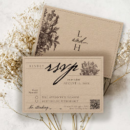 Cartão RSVP Elegante Floral Vintage Preto Kraft Casamento Rúst