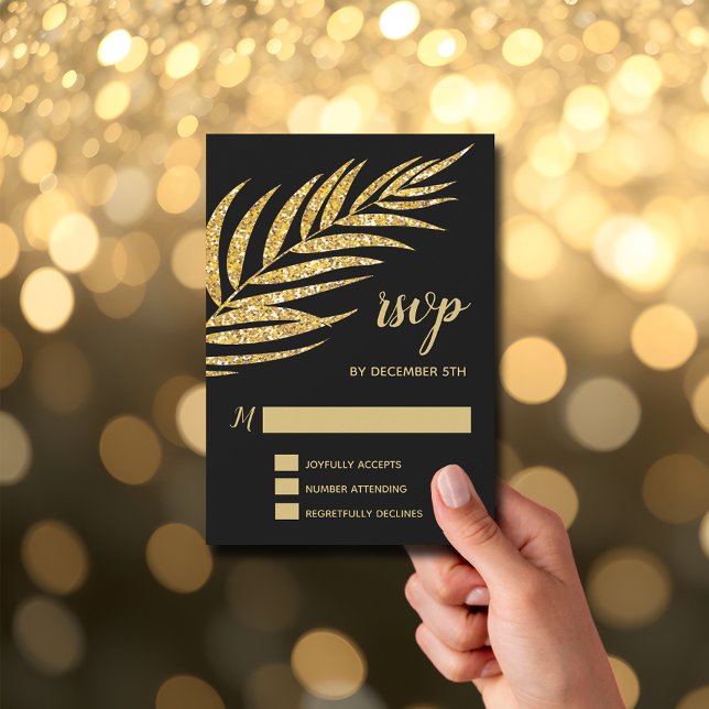 Cartão RSVP Elegante Folha de Palma Dourada de Natal (Elegant Gold Glitter Palm Holiday Christmas Party RSVP Cards)